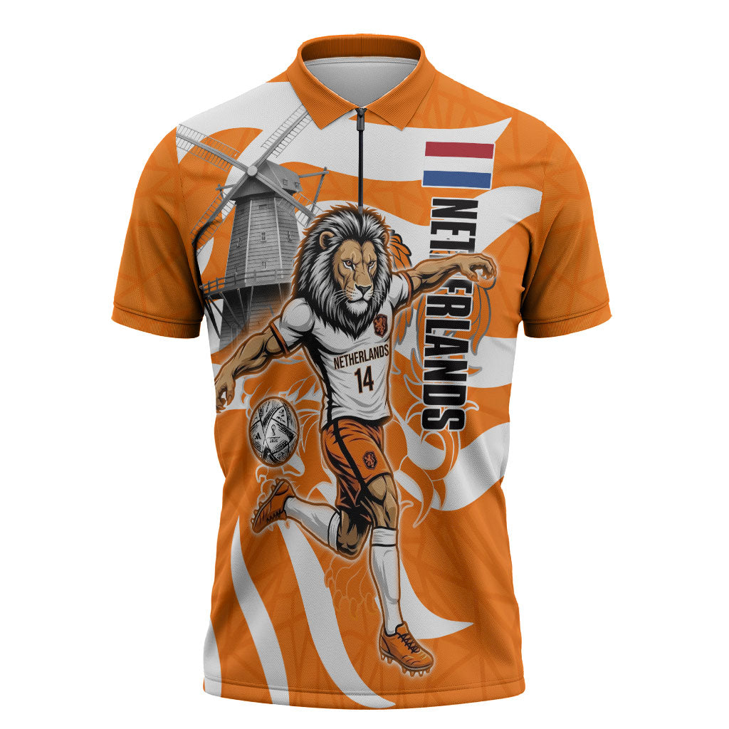 Personalized Netherlands Football Lion Mascot Zipper Polo Shirt Dutch Orange Flag Windmill Symbol Comic