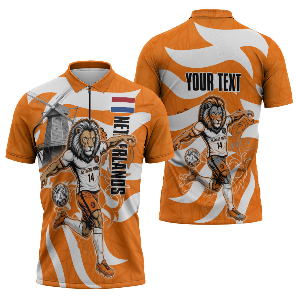 Personalized Netherlands Football Lion Mascot Zipper Polo Shirt Dutch Orange Flag Windmill Symbol Comic