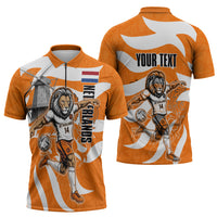 Personalized Netherlands Football Lion Mascot Zipper Polo Shirt Dutch Orange Flag Windmill Symbol Comic