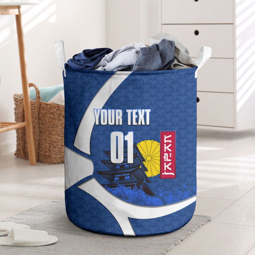 Personalized Japan Football Kitsune Mascot Laundry Basket Japanese Pagoda Kitsune Mask Blue Samurai Style