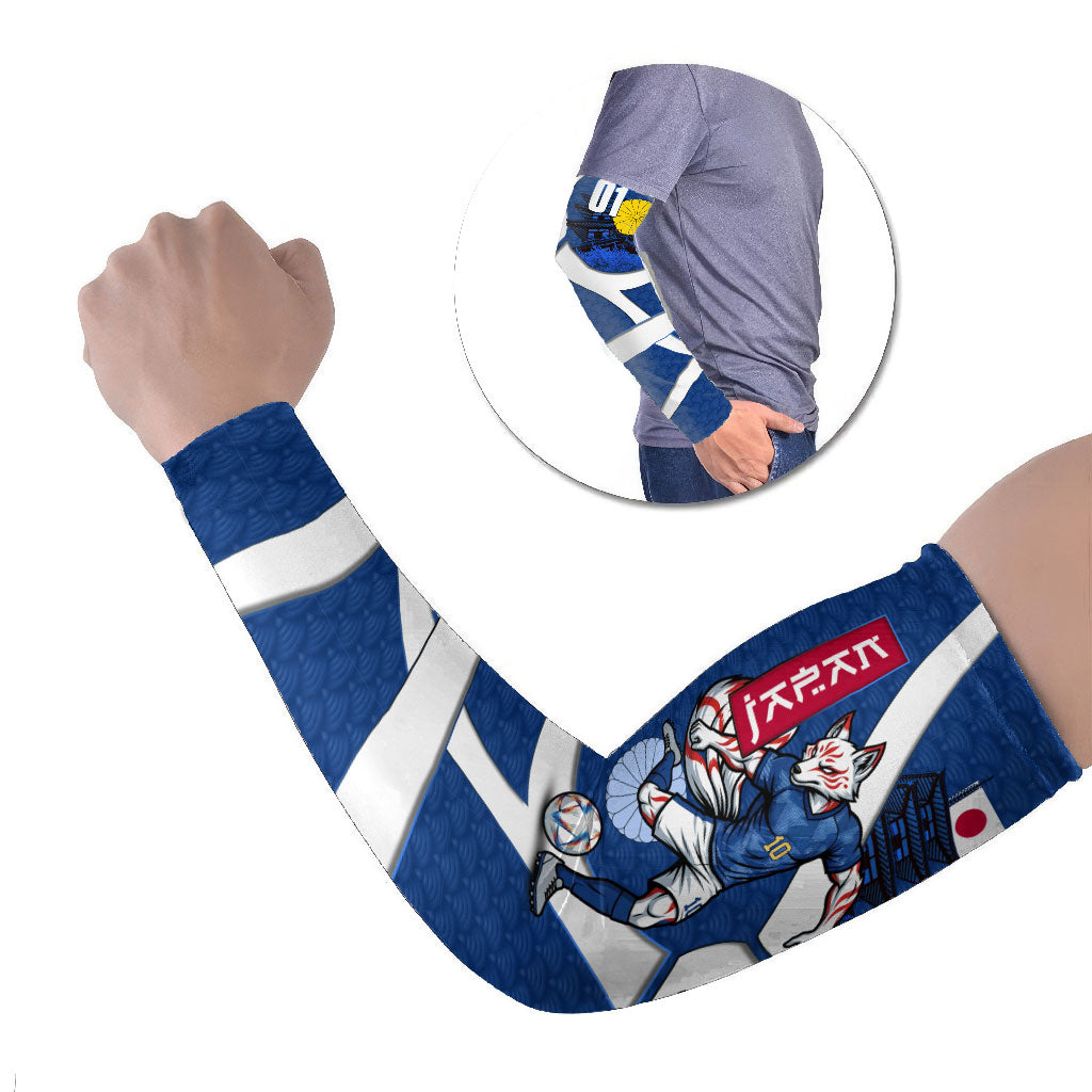 Personalized Japan Football Kitsune Mascot Arm Sleeves Japanese Pagoda Kitsune Mask Blue Samurai Style