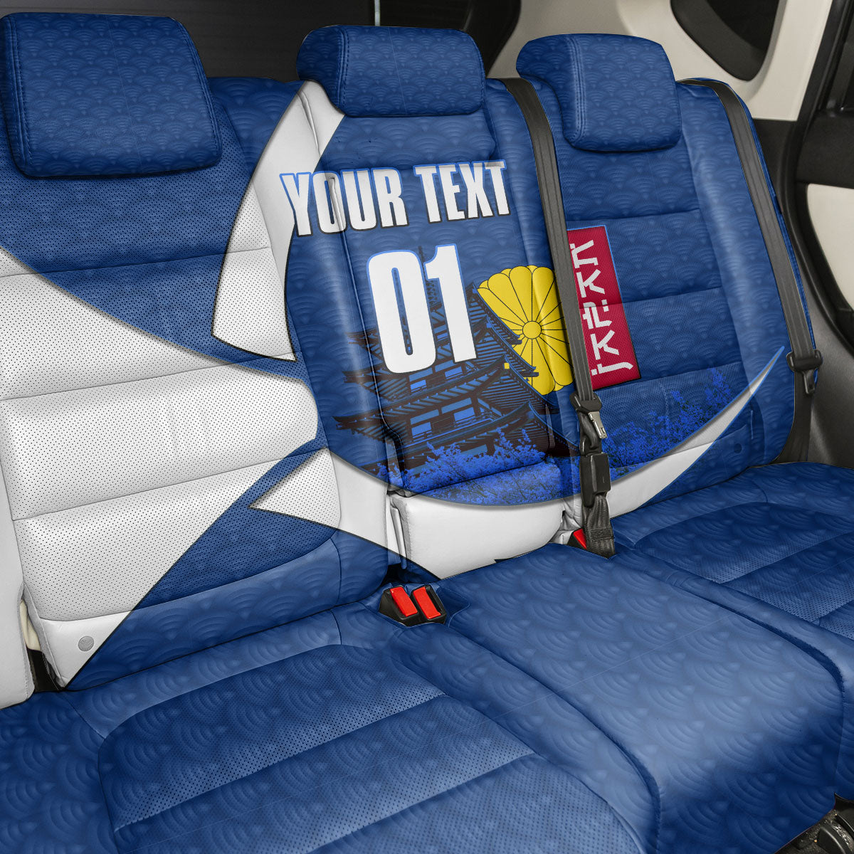 Personalized Japan Football Kitsune Mascot Back Car Seat Cover Japanese Pagoda Kitsune Mask Blue Samurai Style