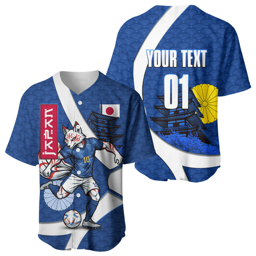 Personalized Japan Football Kitsune Mascot Baseball Jersey Japanese Pagoda Kitsune Mask Blue Samurai Style