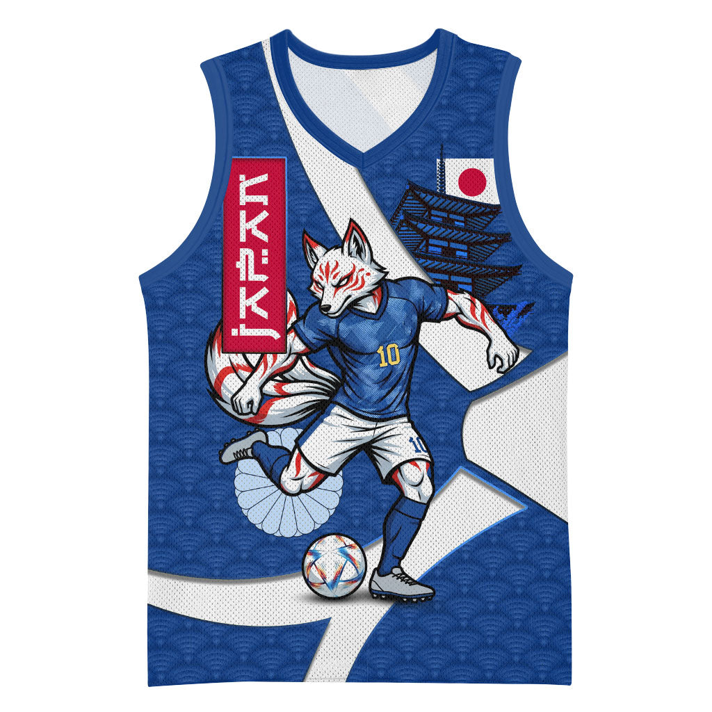 Personalized Japan Football Kitsune Mascot Basketball Jersey Japanese Pagoda Kitsune Mask Blue Samurai Style