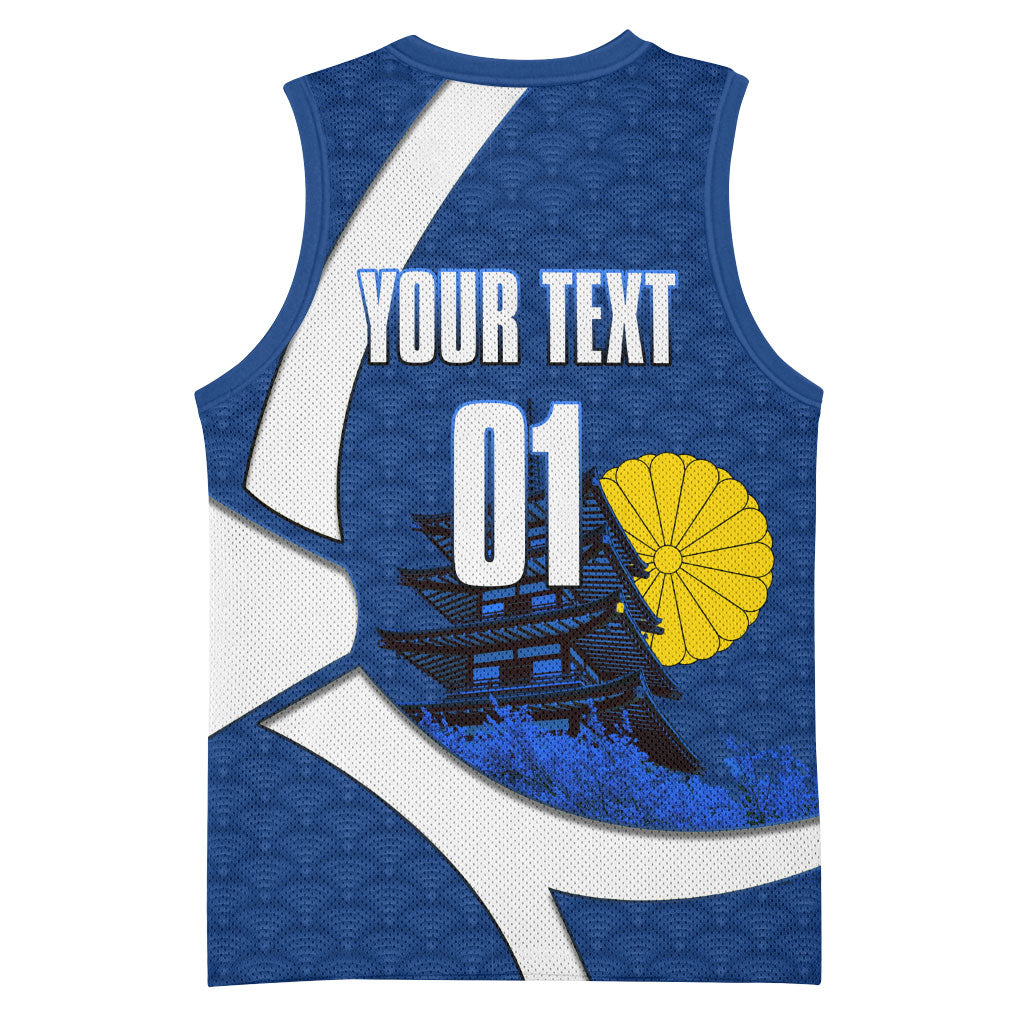 Personalized Japan Football Kitsune Mascot Basketball Jersey Japanese Pagoda Kitsune Mask Blue Samurai Style