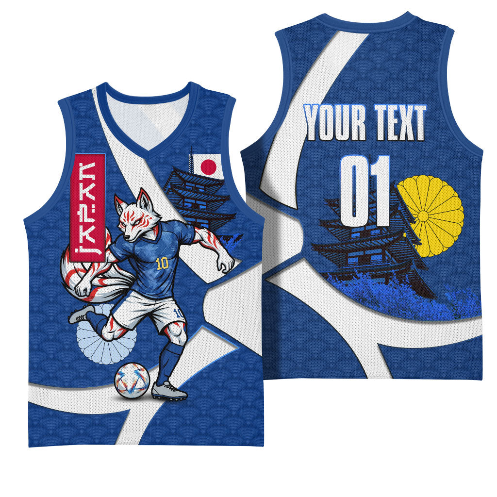Personalized Japan Football Kitsune Mascot Basketball Jersey Japanese Pagoda Kitsune Mask Blue Samurai Style