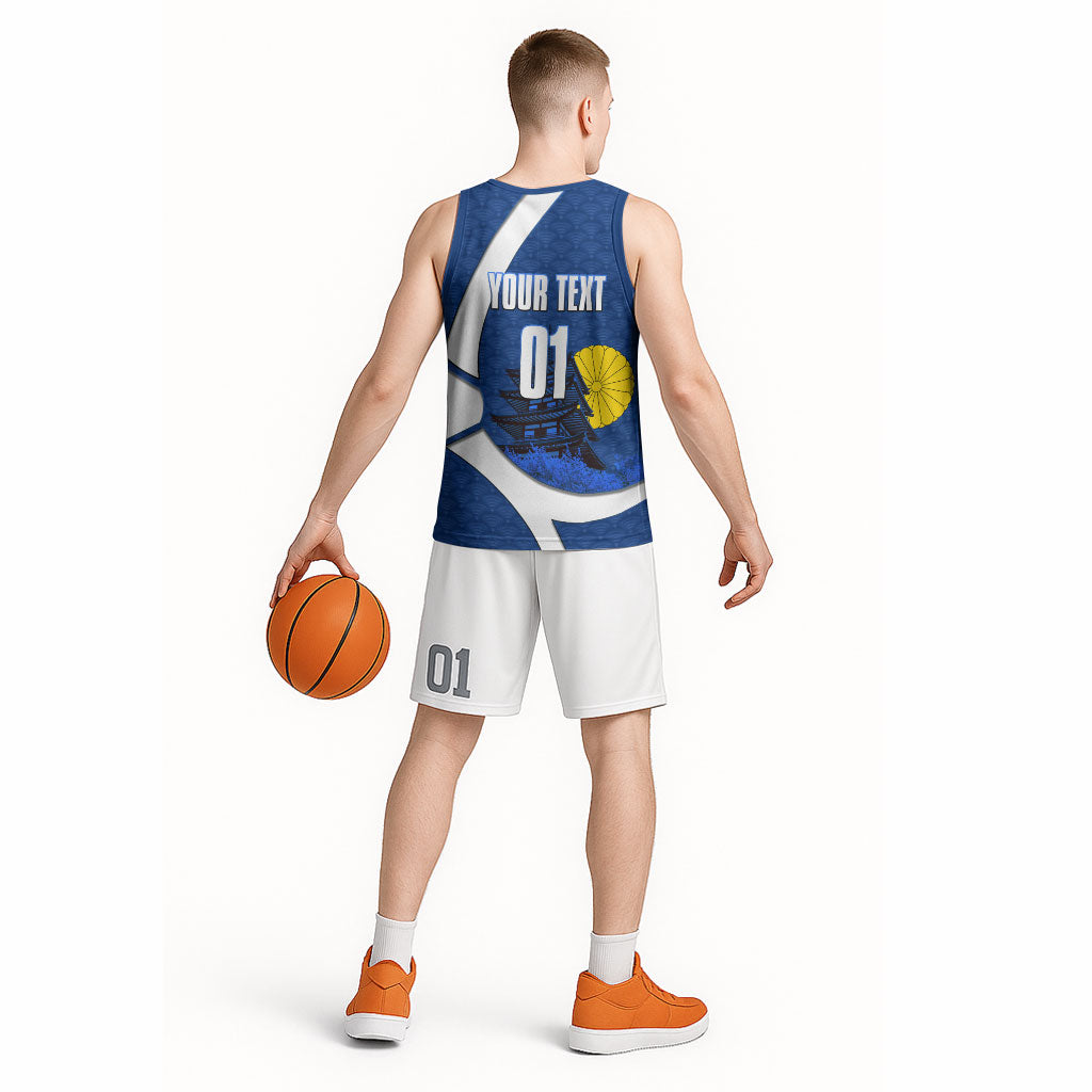Personalized Japan Football Kitsune Mascot Basketball Jersey Japanese Pagoda Kitsune Mask Blue Samurai Style
