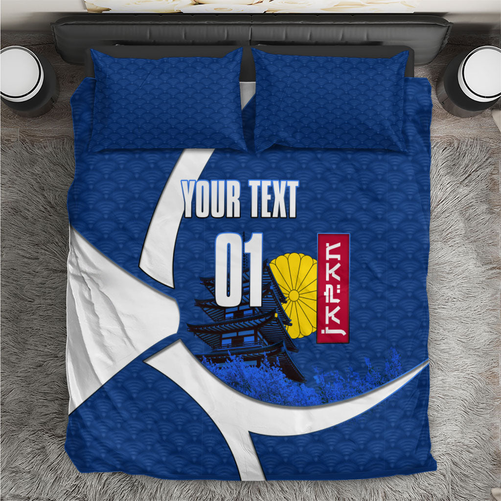 Personalized Japan Football Kitsune Mascot Bedding Set Japanese Pagoda Kitsune Mask Blue Samurai Style