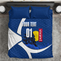 Personalized Japan Football Kitsune Mascot Bedding Set Japanese Pagoda Kitsune Mask Blue Samurai Style