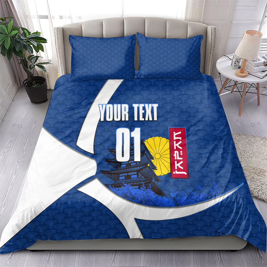 Personalized Japan Football Kitsune Mascot Bedding Set Japanese Pagoda Kitsune Mask Blue Samurai Style