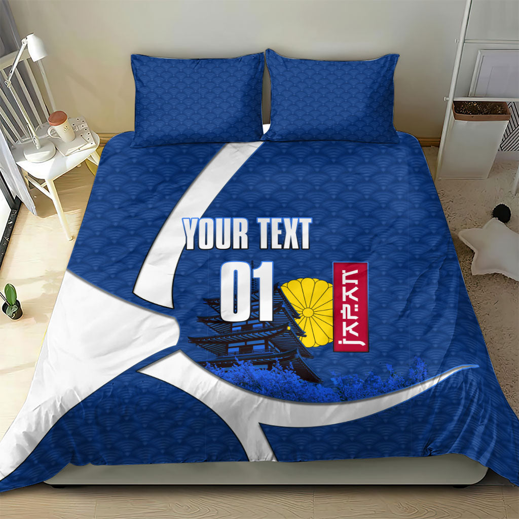 Personalized Japan Football Kitsune Mascot Bedding Set Japanese Pagoda Kitsune Mask Blue Samurai Style