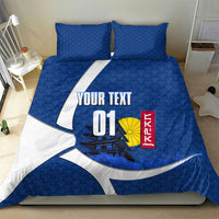 Personalized Japan Football Kitsune Mascot Bedding Set Japanese Pagoda Kitsune Mask Blue Samurai Style