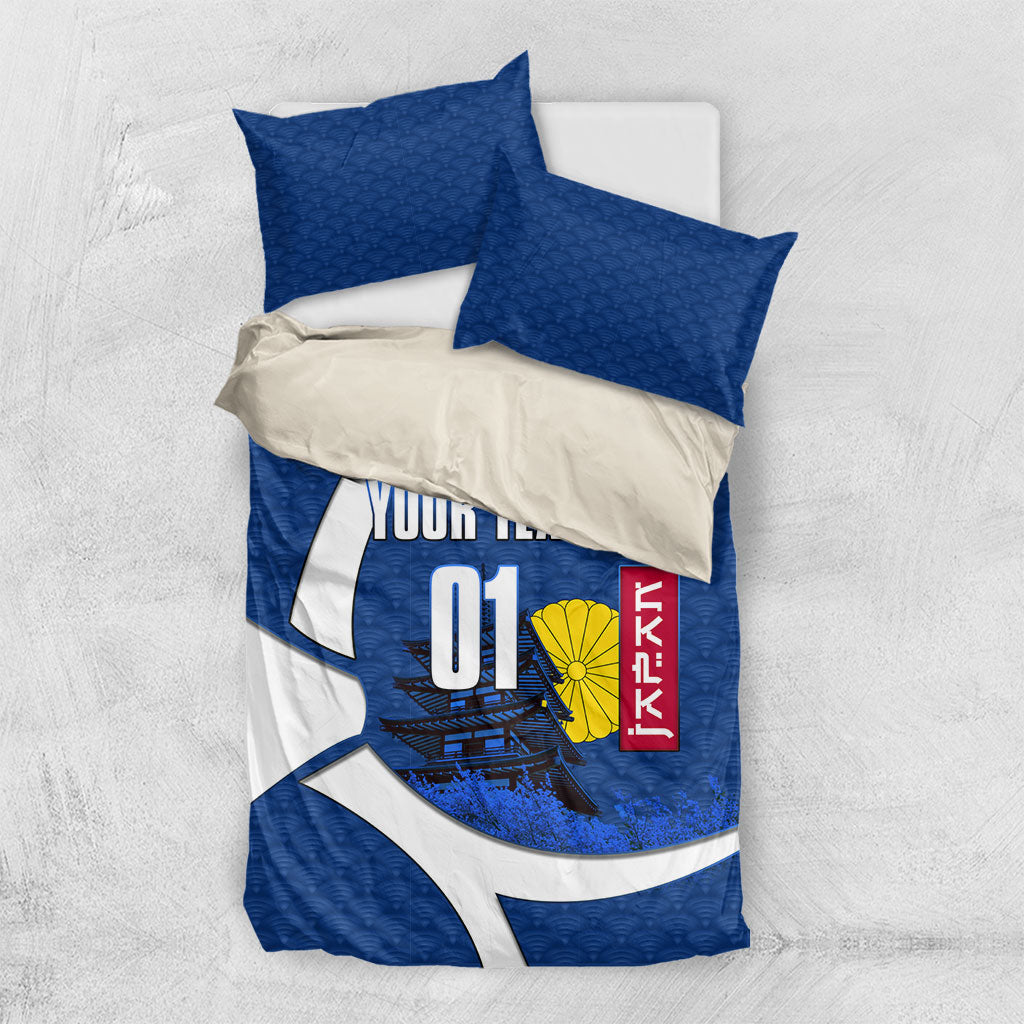 Personalized Japan Football Kitsune Mascot Bedding Set Japanese Pagoda Kitsune Mask Blue Samurai Style