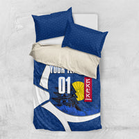 Personalized Japan Football Kitsune Mascot Bedding Set Japanese Pagoda Kitsune Mask Blue Samurai Style