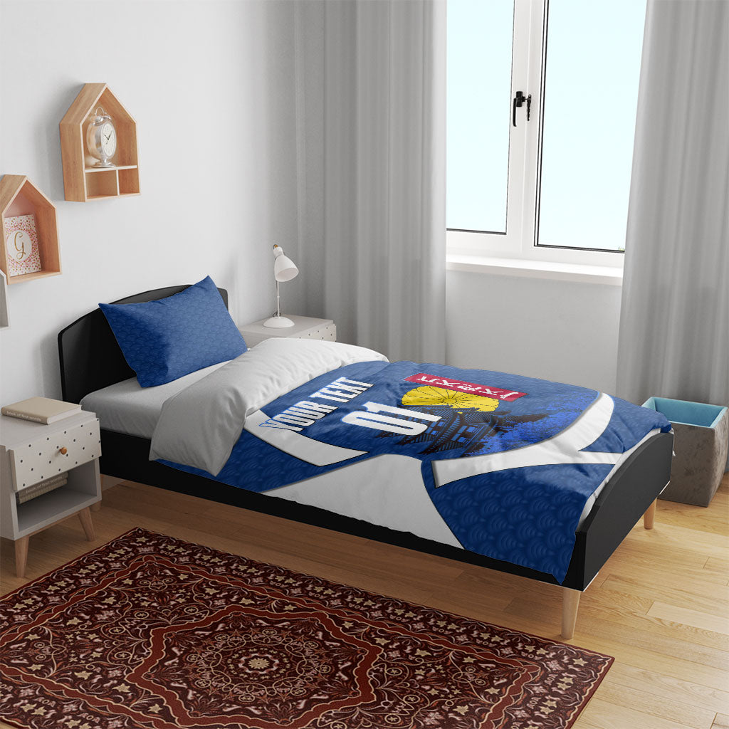 Personalized Japan Football Kitsune Mascot Bedding Set Japanese Pagoda Kitsune Mask Blue Samurai Style