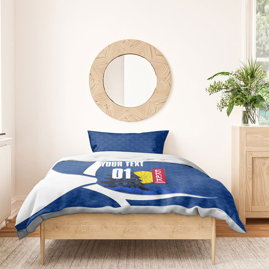 Personalized Japan Football Kitsune Mascot Bedding Set Japanese Pagoda Kitsune Mask Blue Samurai Style