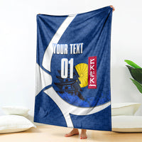 Personalized Japan Football Kitsune Mascot Blanket Japanese Pagoda Kitsune Mask Blue Samurai Style