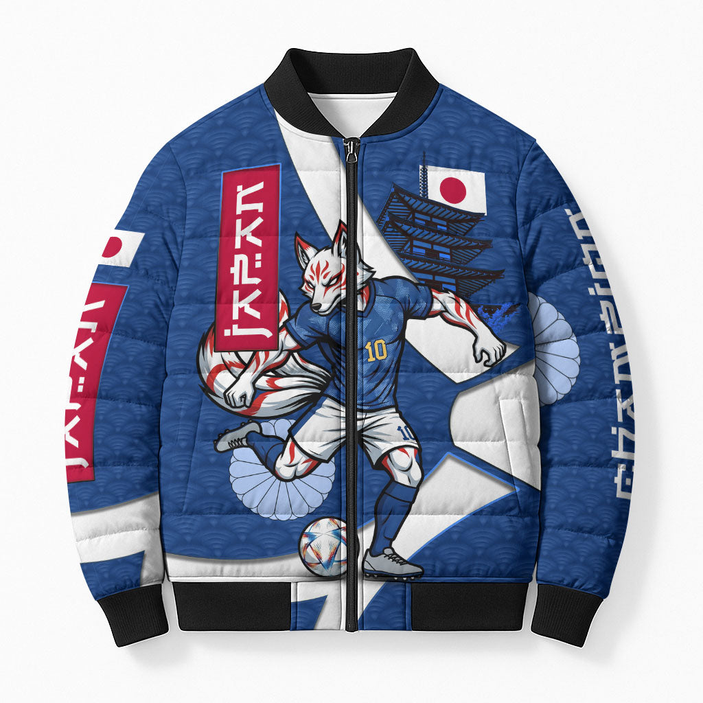 Personalized Japan Football Kitsune Mascot Bomber Puffer Jacket Japanese Pagoda Kitsune Mask Blue Samurai Style