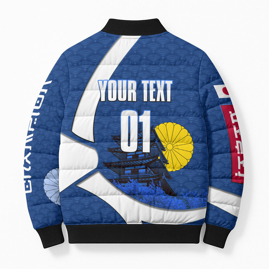 Personalized Japan Football Kitsune Mascot Bomber Puffer Jacket Japanese Pagoda Kitsune Mask Blue Samurai Style