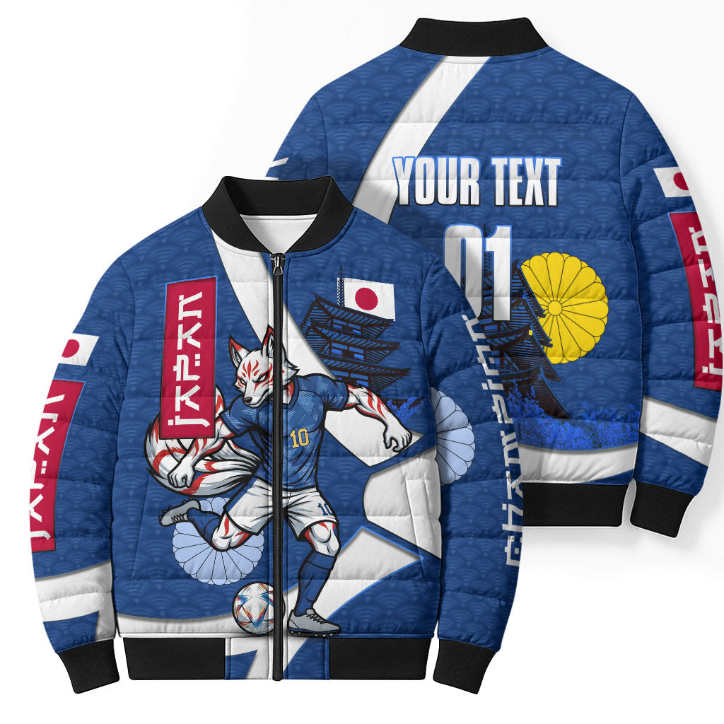 Personalized Japan Football Kitsune Mascot Bomber Puffer Jacket Japanese Pagoda Kitsune Mask Blue Samurai Style
