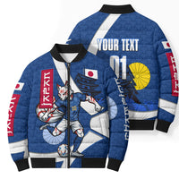 Personalized Japan Football Kitsune Mascot Bomber Puffer Jacket Japanese Pagoda Kitsune Mask Blue Samurai Style
