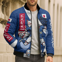 Personalized Japan Football Kitsune Mascot Bomber Puffer Jacket Japanese Pagoda Kitsune Mask Blue Samurai Style