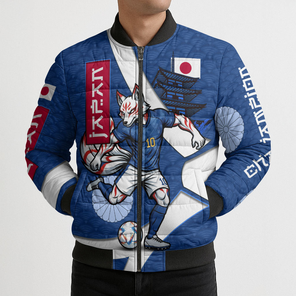 Personalized Japan Football Kitsune Mascot Bomber Puffer Jacket Japanese Pagoda Kitsune Mask Blue Samurai Style