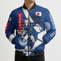 Personalized Japan Football Kitsune Mascot Bomber Puffer Jacket Japanese Pagoda Kitsune Mask Blue Samurai Style