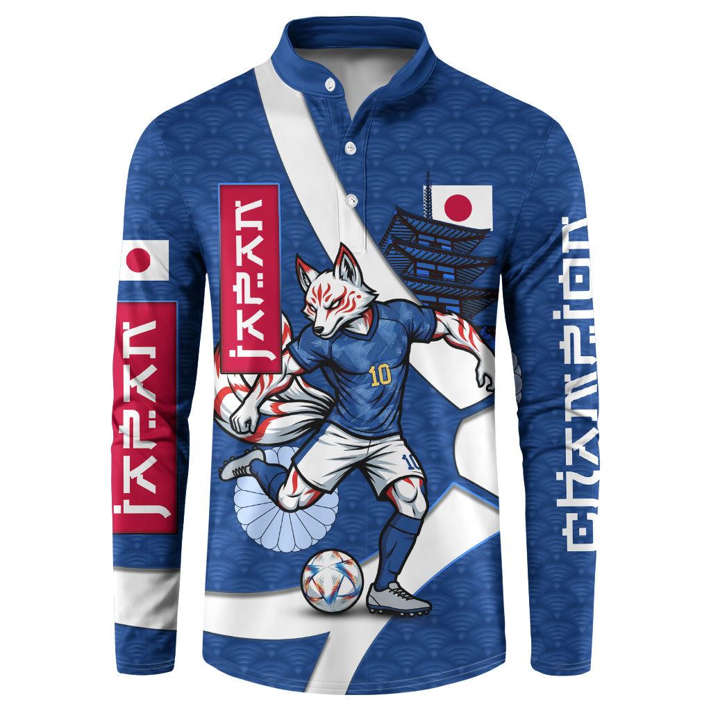 Personalized Japan Football Kitsune Mascot Button Sweatshirt Japanese Pagoda Kitsune Mask Blue Samurai Style