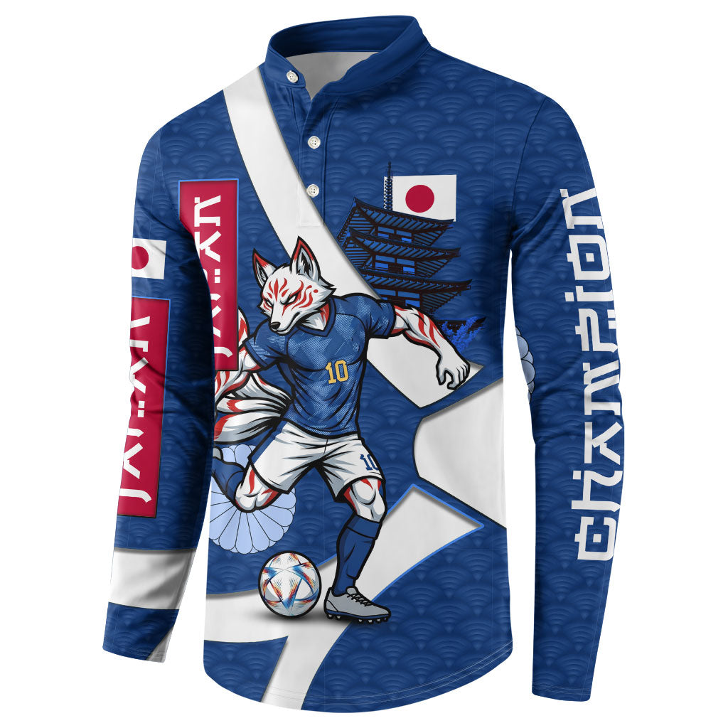 Personalized Japan Football Kitsune Mascot Button Sweatshirt Japanese Pagoda Kitsune Mask Blue Samurai Style