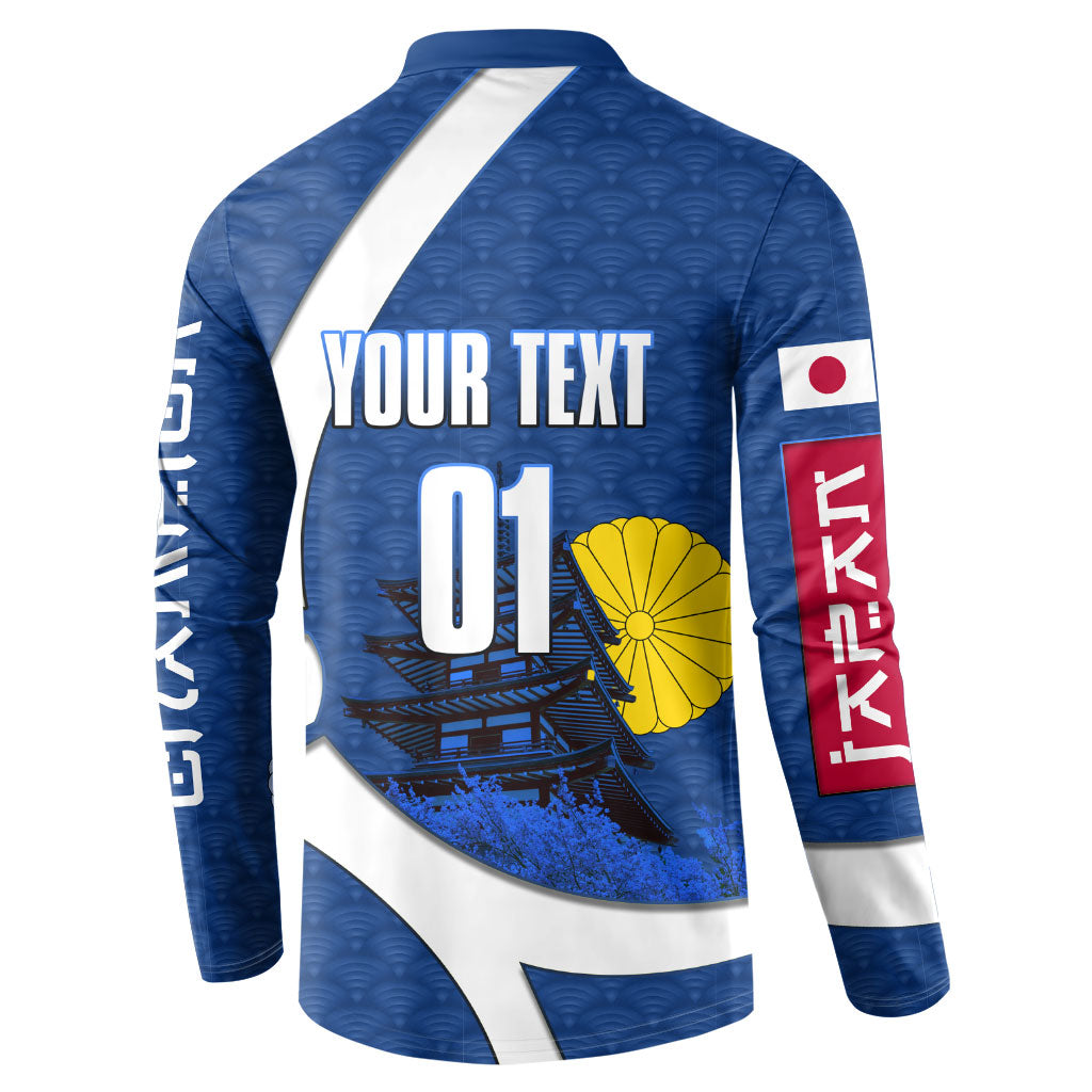 Personalized Japan Football Kitsune Mascot Button Sweatshirt Japanese Pagoda Kitsune Mask Blue Samurai Style