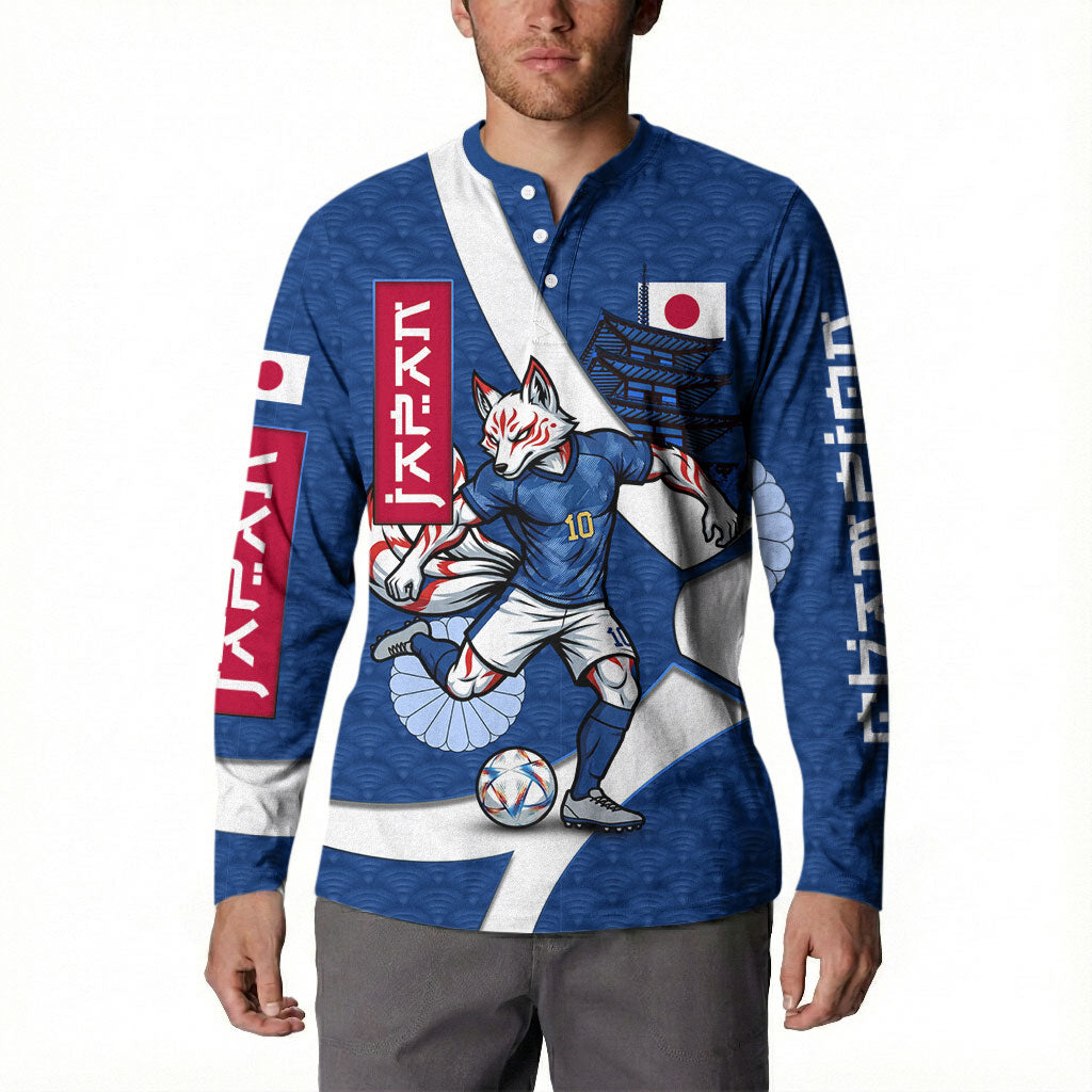 Personalized Japan Football Kitsune Mascot Button Sweatshirt Japanese Pagoda Kitsune Mask Blue Samurai Style