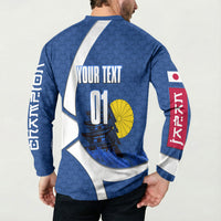 Personalized Japan Football Kitsune Mascot Button Sweatshirt Japanese Pagoda Kitsune Mask Blue Samurai Style