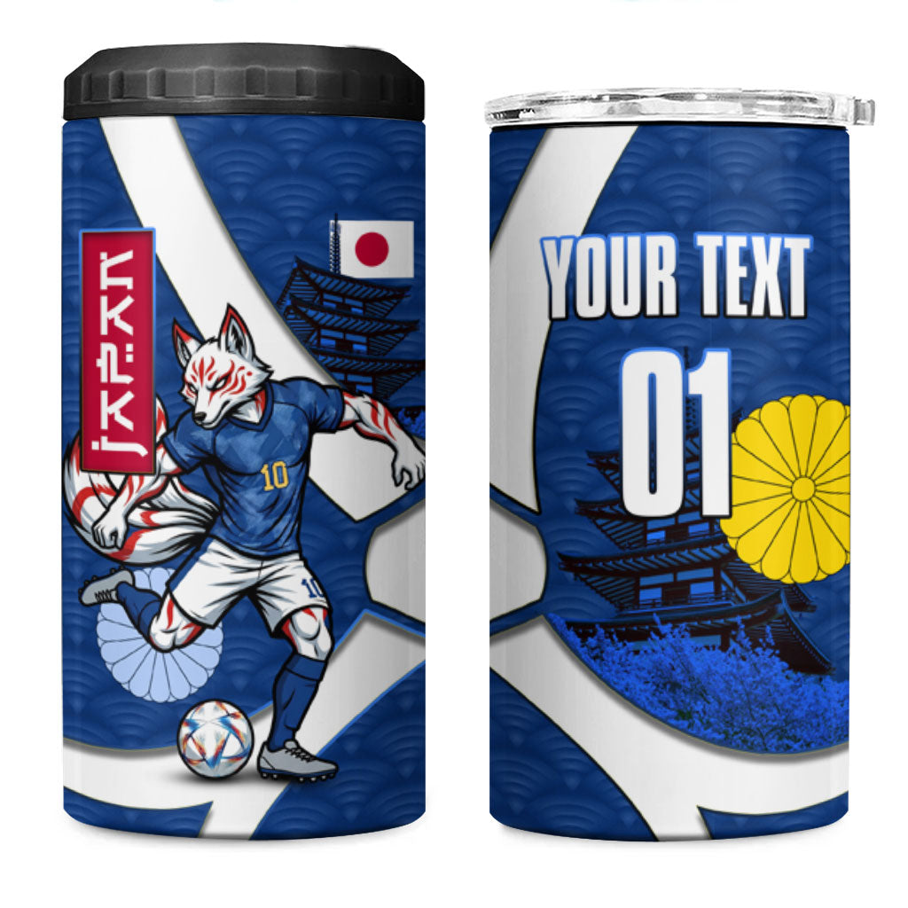 Personalized Japan Football Kitsune Mascot 4 in 1 Can Cooler Tumbler Japanese Pagoda Kitsune Mask Blue Samurai Style