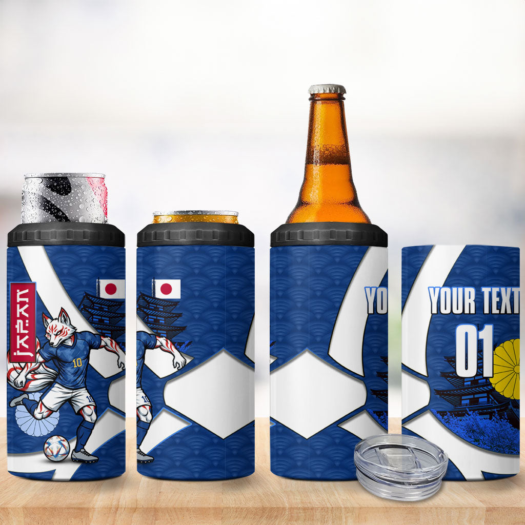 Personalized Japan Football Kitsune Mascot 4 in 1 Can Cooler Tumbler Japanese Pagoda Kitsune Mask Blue Samurai Style