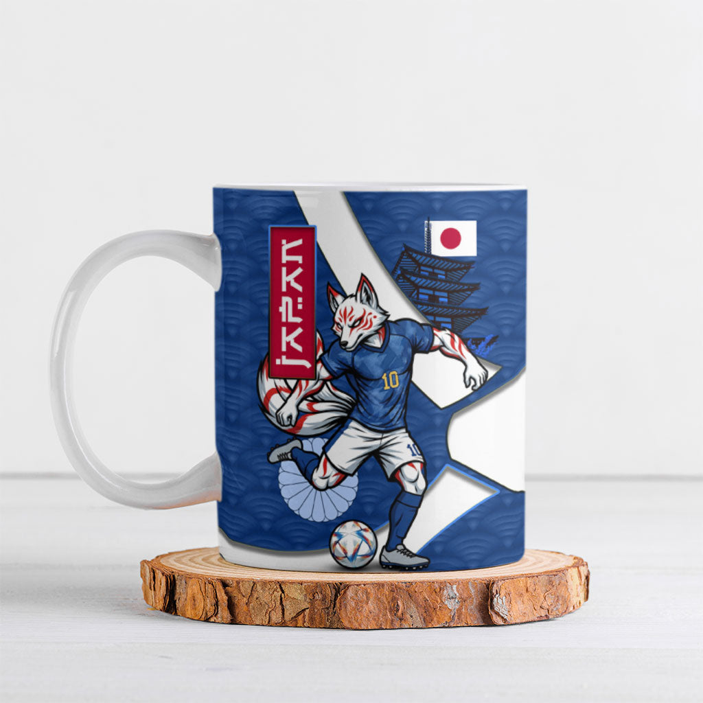 Personalized Japan Football Kitsune Mascot Ceramic Mug Japanese Pagoda Kitsune Mask Blue Samurai Style