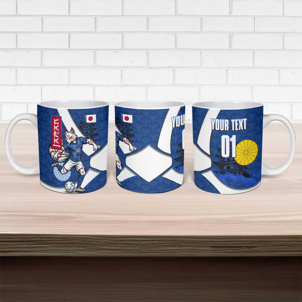 Personalized Japan Football Kitsune Mascot Ceramic Mug Japanese Pagoda Kitsune Mask Blue Samurai Style