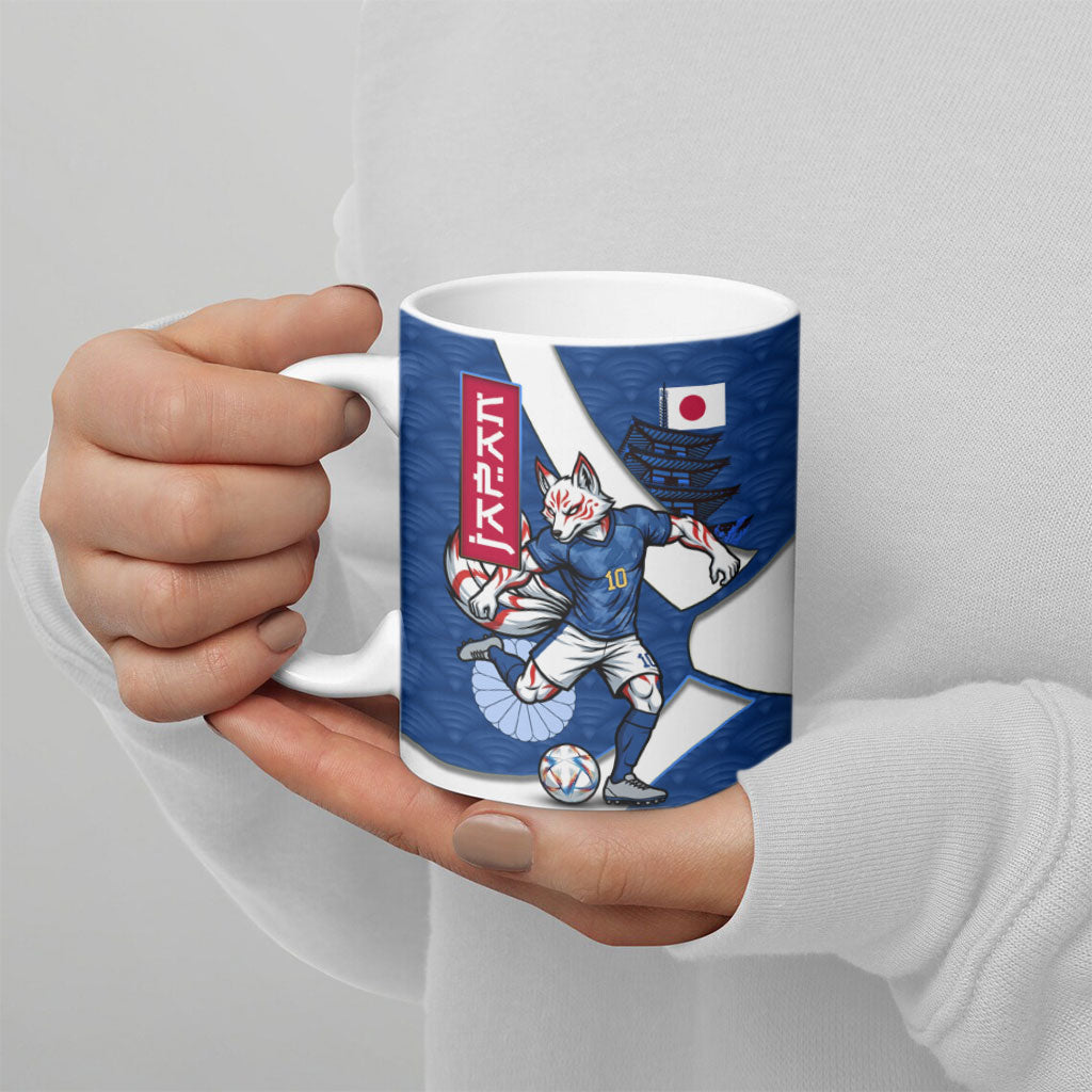 Personalized Japan Football Kitsune Mascot Ceramic Mug Japanese Pagoda Kitsune Mask Blue Samurai Style