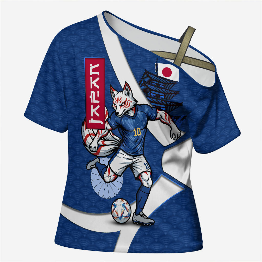 Personalized Japan Football Kitsune Mascot Cross Shoulder Shirt Japanese Pagoda Kitsune Mask Blue Samurai Style