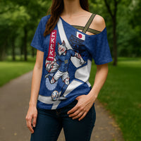 Personalized Japan Football Kitsune Mascot Cross Shoulder Shirt Japanese Pagoda Kitsune Mask Blue Samurai Style