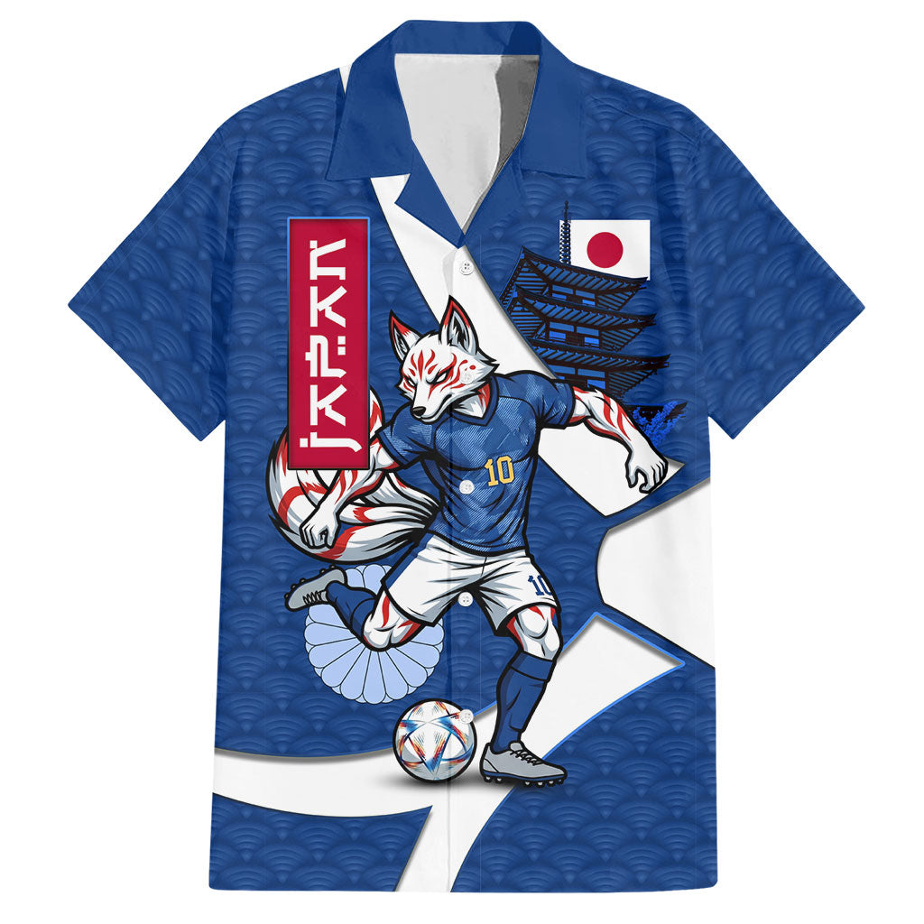 Personalized Japan Football Kitsune Mascot Hawaiian Shirt Japanese Pagoda Kitsune Mask Blue Samurai Style