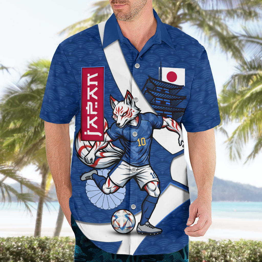 Personalized Japan Football Kitsune Mascot Hawaiian Shirt Japanese Pagoda Kitsune Mask Blue Samurai Style