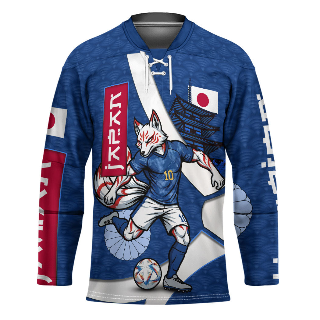 Personalized Japan Football Kitsune Mascot Hockey Jersey Japanese Pagoda Kitsune Mask Blue Samurai Style