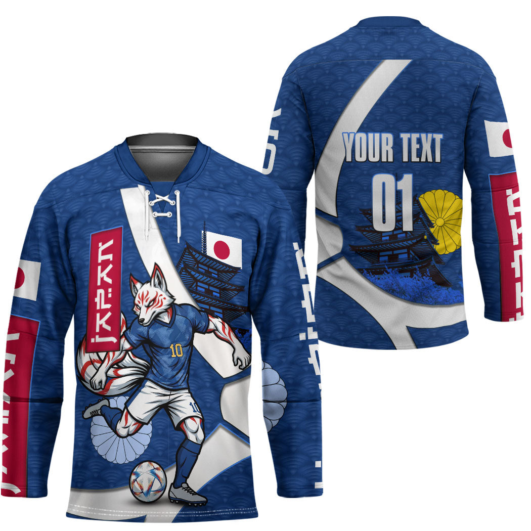 Personalized Japan Football Kitsune Mascot Hockey Jersey Japanese Pagoda Kitsune Mask Blue Samurai Style