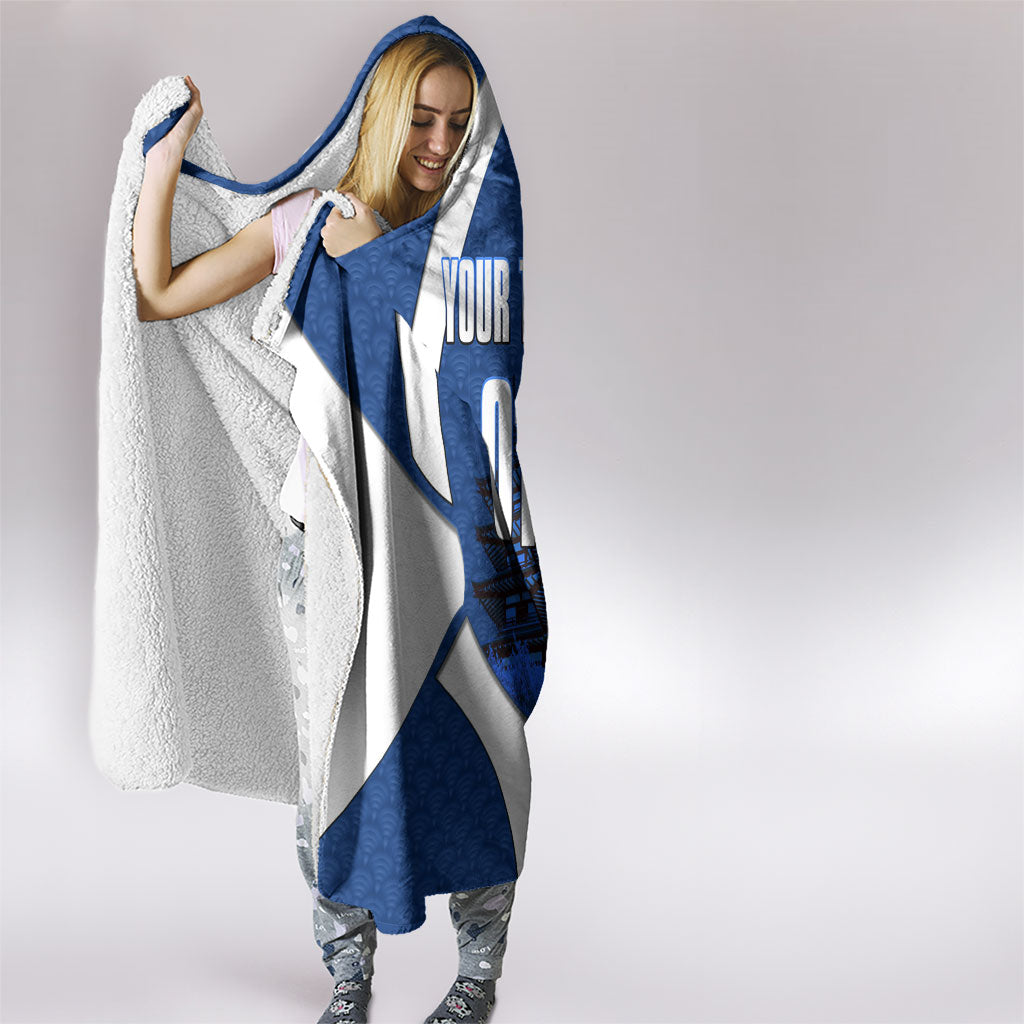 Personalized Japan Football Kitsune Mascot Hooded Blanket Japanese Pagoda Kitsune Mask Blue Samurai Style
