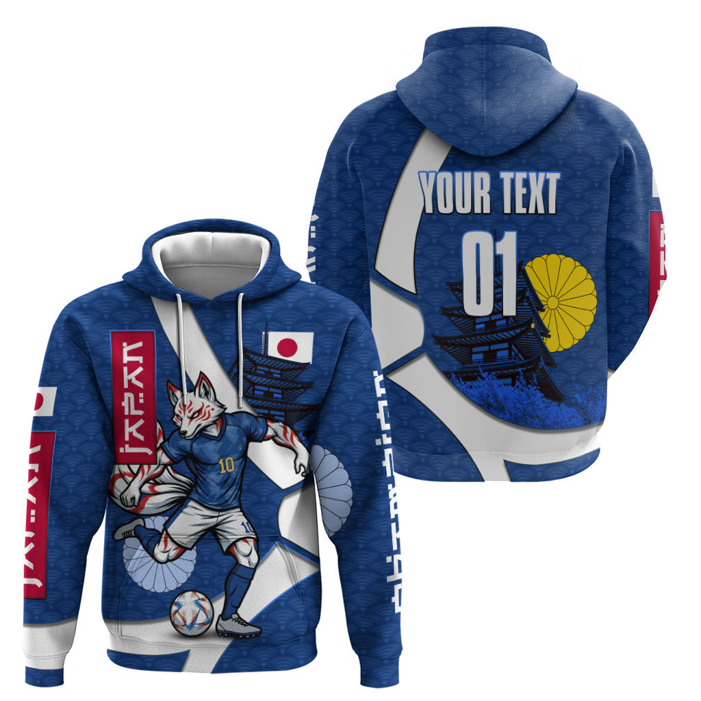 Personalized Japan Football Kitsune Mascot Hoodie Japanese Pagoda Kitsune Mask Blue Samurai Style
