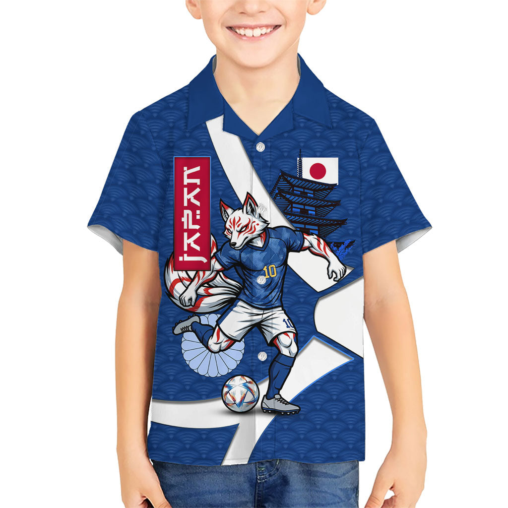 Personalized Japan Football Kitsune Mascot Kid Hawaiian Shirt Japanese Pagoda Kitsune Mask Blue Samurai Style
