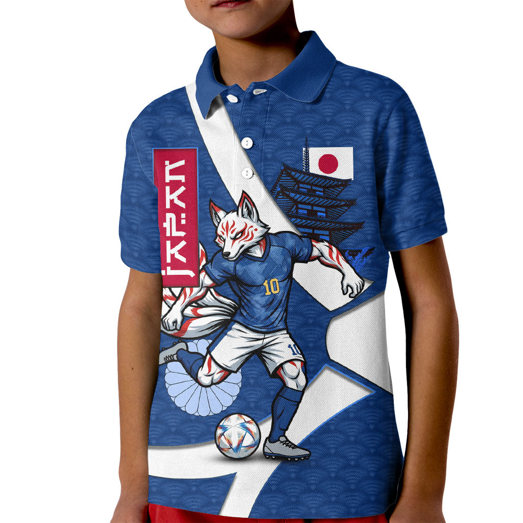 Personalized Japan Football Kitsune Mascot Kid Polo Shirt Japanese Pagoda Kitsune Mask Blue Samurai Style