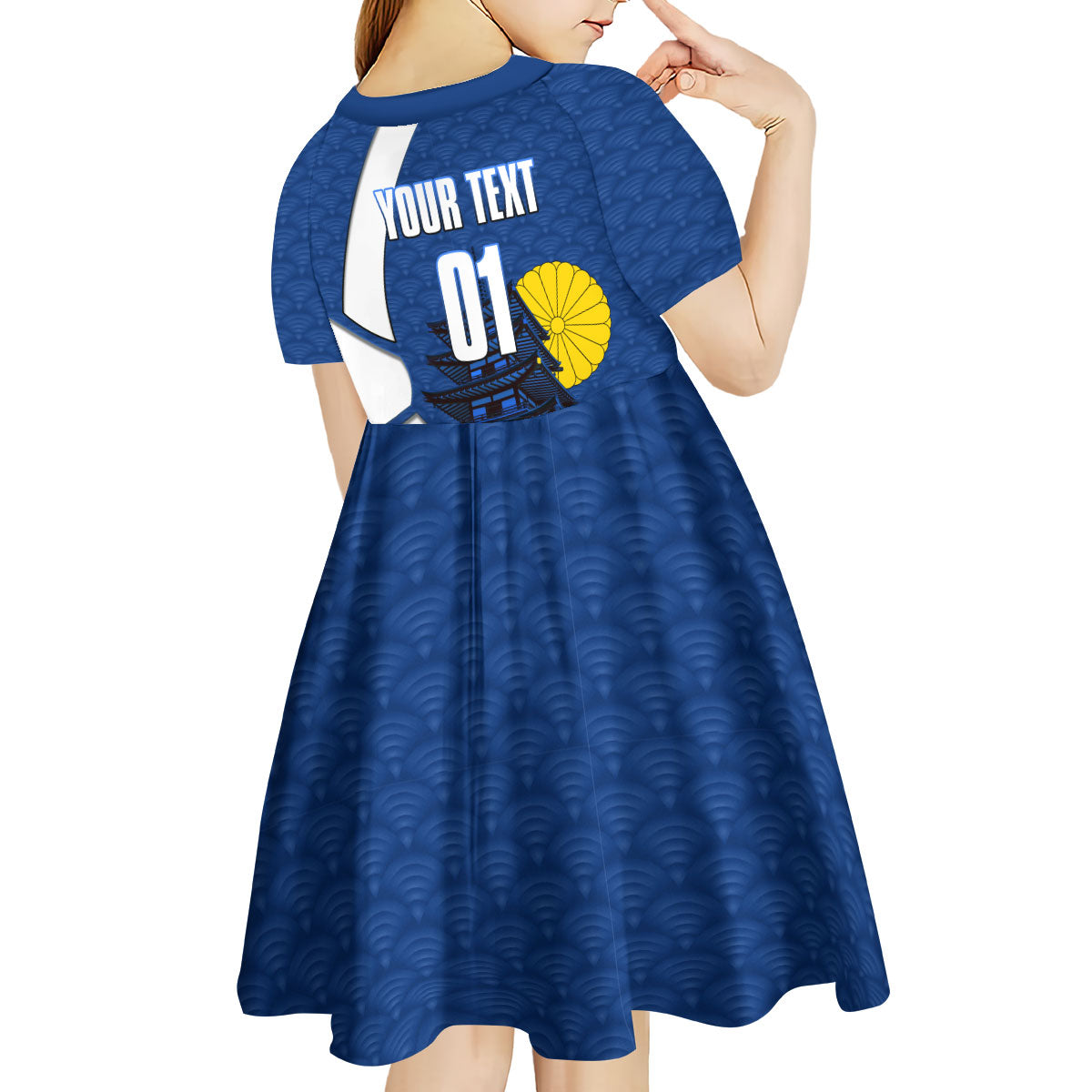 Personalized Japan Football Kitsune Mascot Kid Short Sleeve Dress Japanese Pagoda Kitsune Mask Blue Samurai Style
