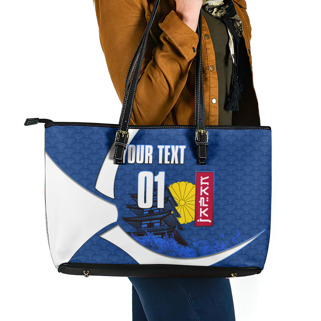 Personalized Japan Football Kitsune Mascot Leather Tote Bag Japanese Pagoda Kitsune Mask Blue Samurai Style